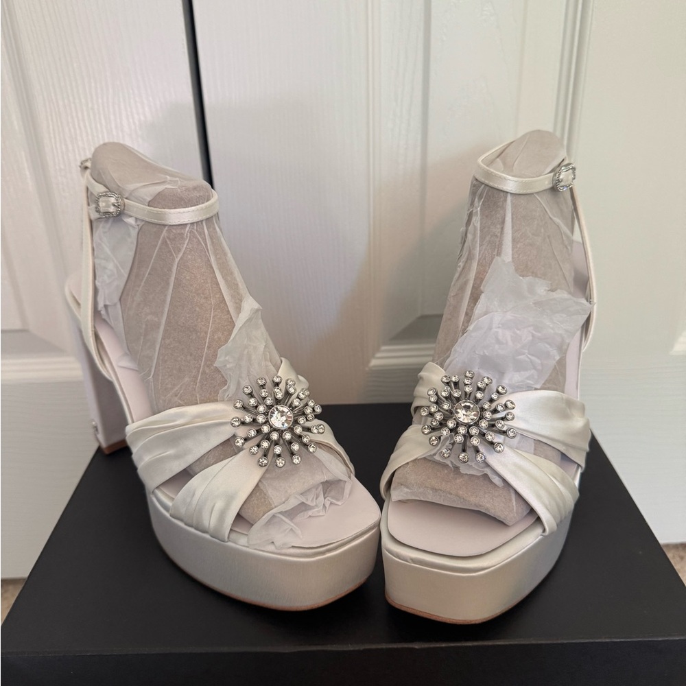 Sam Edelman Ivory Satin Platform Sandals with Crystal Medallions